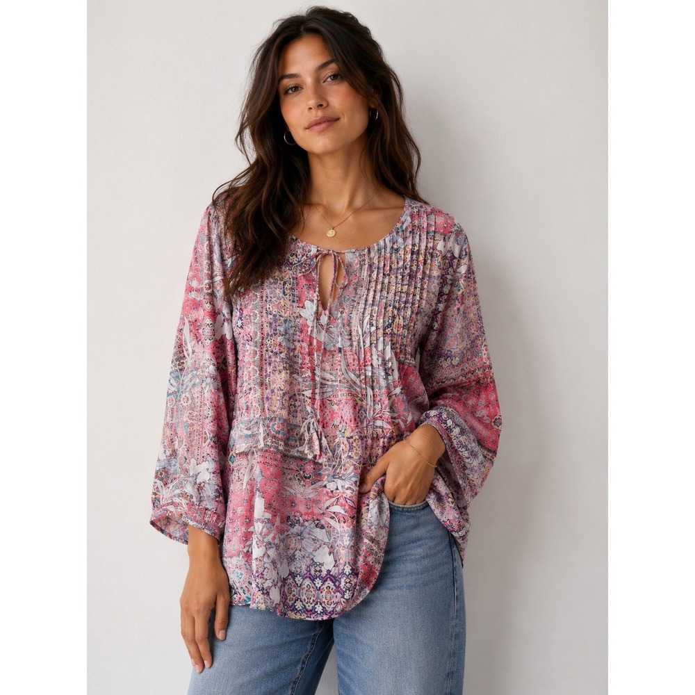 KARYN SEO Boho Tassel Tie Tunic Blouse Multicolor Print Long Sleeve Large -2839